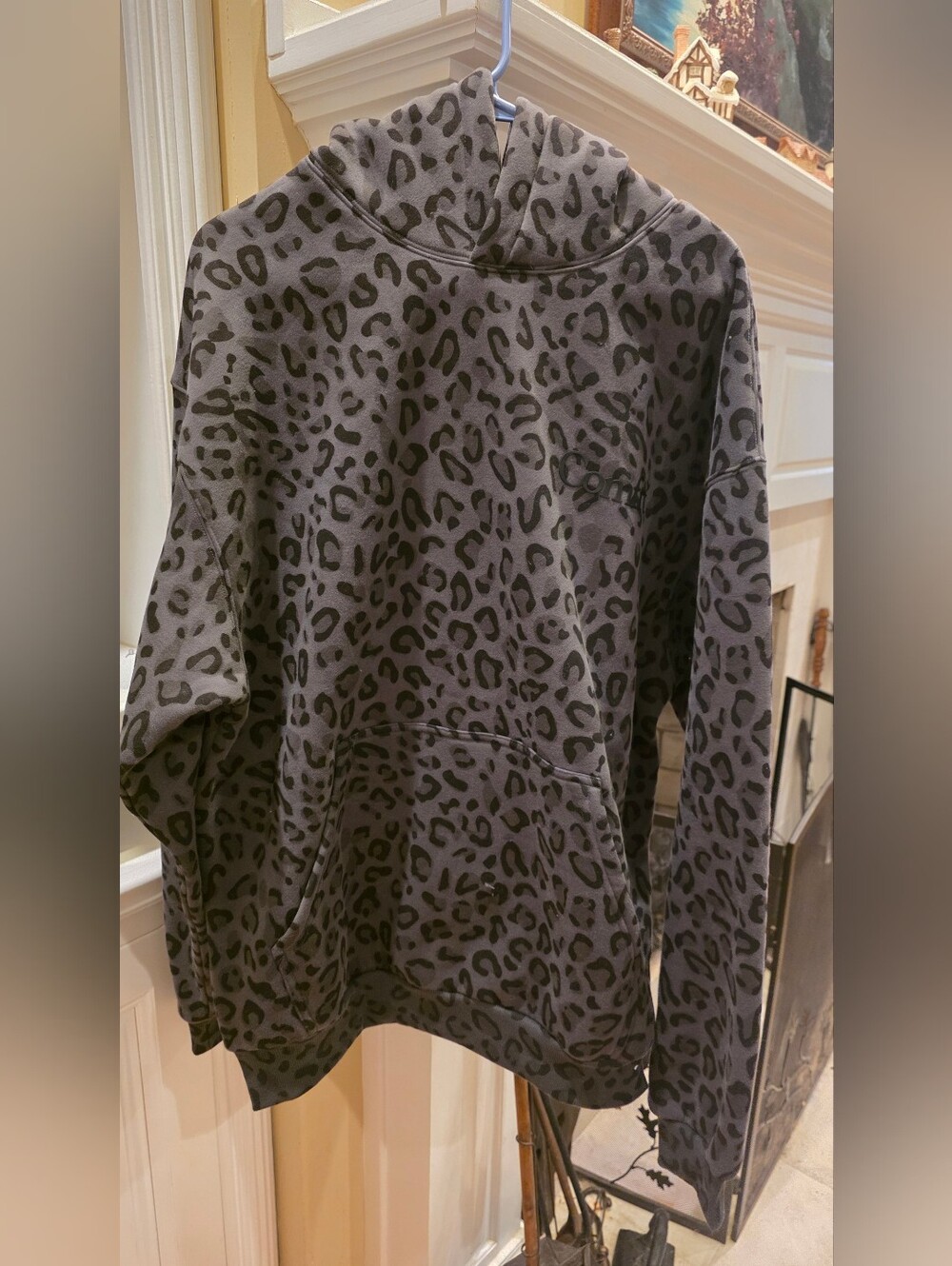 Grey Leopard Print Hooded Pullover Sweatshirt - Picture 1 of 5